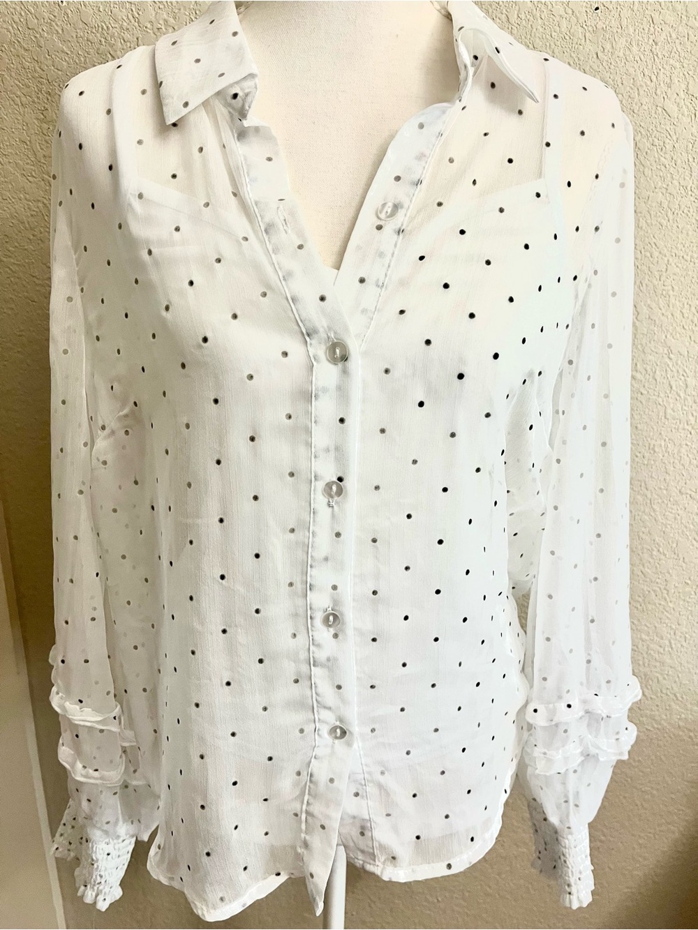 BCX White Polka Dot Button-Up Blouse